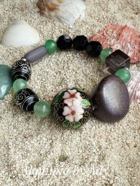 Alquimia Green, Black and Pink Floral Cloisonné Stretch Bracelet